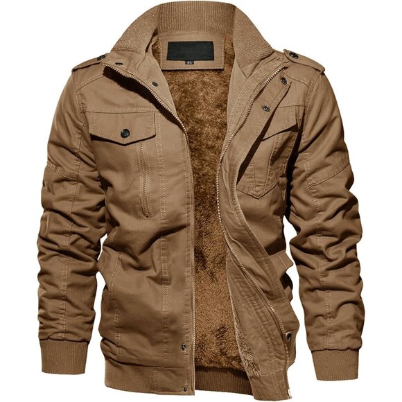 Men's Khaki  Winter Cargo Fleece Sherpa Lined Casual Windproof Bomber Jacket - Picture 1 of 6